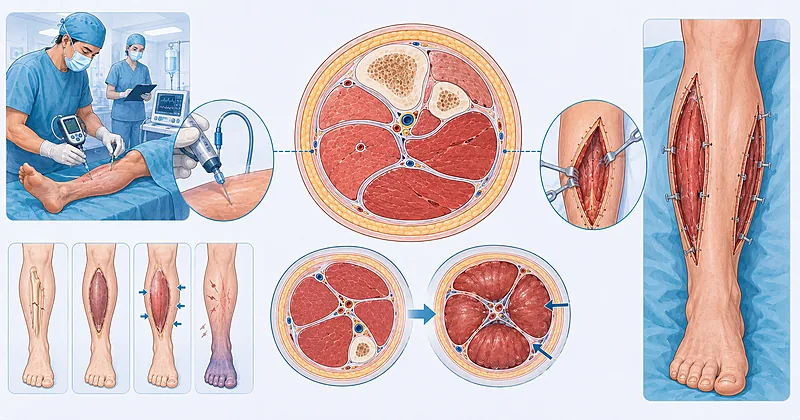 Clinical pathway for acute compartment syndrome showing limb pressure measurement and surgical fasciotomy decompression in trauma