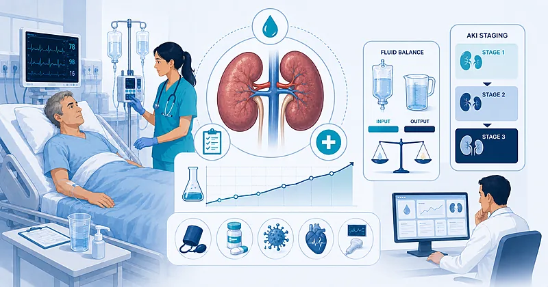Clinical pathway for acute kidney injury management in adults showing KDIGO staging, differential diagnosis, and treatment