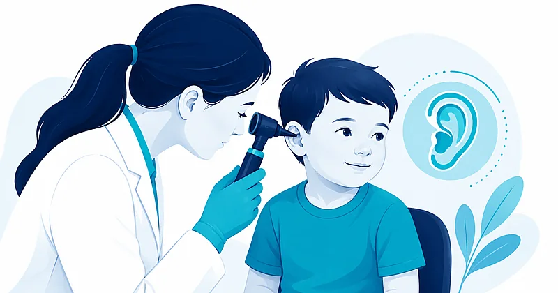 Clinician using an otoscope to examine a young child's ear and diagnose acute otitis media