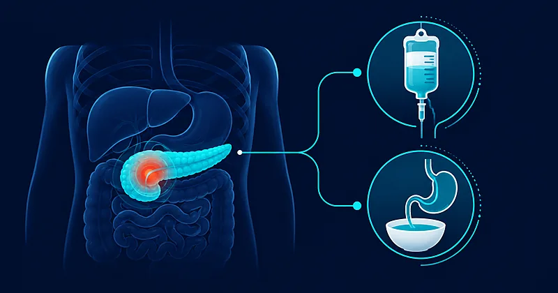 Acute pancreatitis management infographic contrasting moderate fluid resuscitation and early enteral feeding with older aggressive care