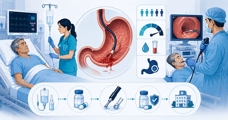 Clinical approach to acute upper GI bleeding showing risk stratification scoring, resuscitation, and endoscopic hemostasis in adults