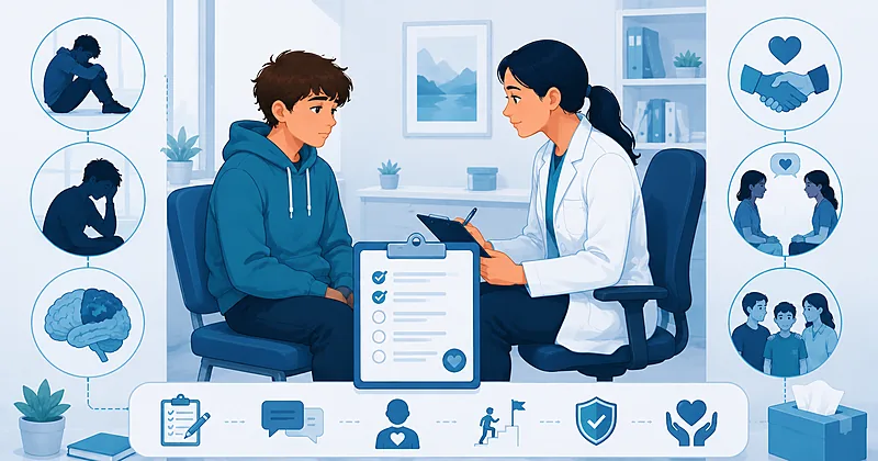 Adolescent depression screening pathway in primary care showing PHQ-A scoring, suicide risk assessment, and initial management steps