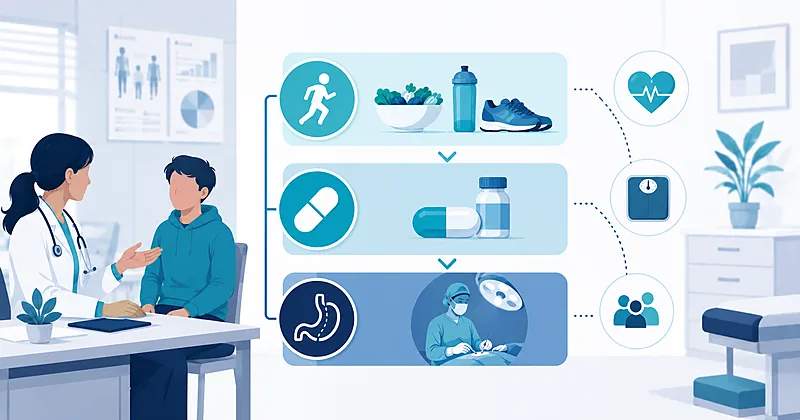 Clinical pathway for adolescent obesity treatment showing intensive lifestyle therapy pharmacotherapy and bariatric surgery referral stages