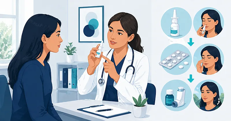 Stepwise clinical pathway for allergic rhinitis treatment in primary care showing intranasal corticosteroids, antihistamines, and immunotherapy escalation