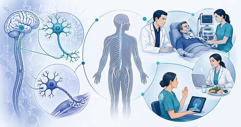Clinical workflow for ALS management in adults showing diagnosis, disease-modifying therapy, multidisciplinary care, and respiratory support