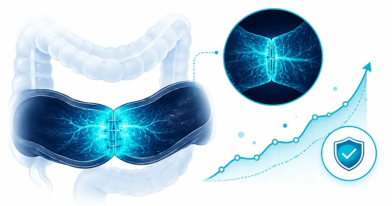 Anastomotic leak prevention illustration showing a bowel anastomosis with fluorescence perfusion imaging and biomarker monitoring.