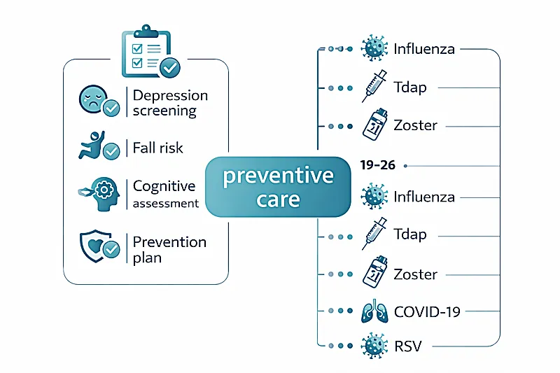 Annual wellness visit and adult immunization checklist for primary care showing AWV components ACIP vaccine schedule and USPSTF screening recommendations