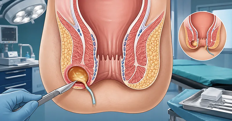 Clinical approach to anorectal abscess drainage in adults showing incision placement, cavity location, and antibiotic decision points