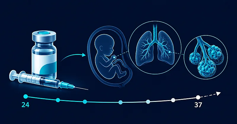 Antenatal corticosteroids vial and syringe beside a fetal lung maturation timeline spanning preterm gestational ages