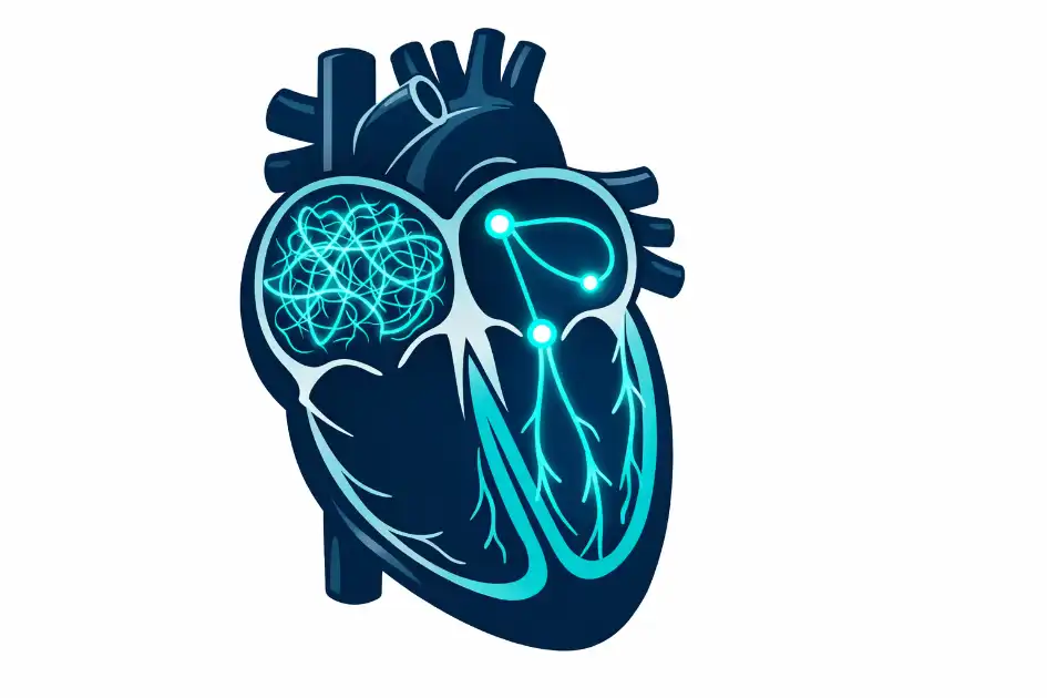 Atrial fibrillation practical guide showing clinical pathway for diagnosis, anticoagulation decision, and rhythm versus rate control strategy in adults