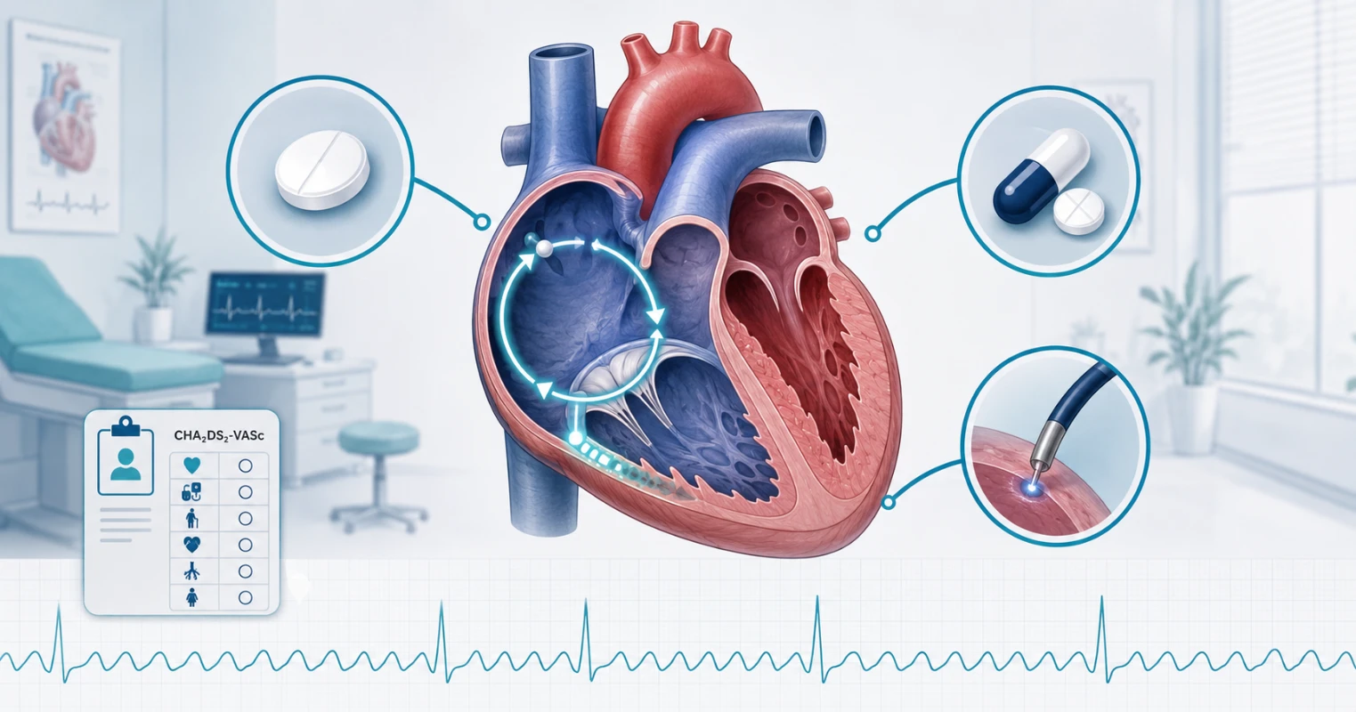 Clinical algorithm for adult atrial flutter management showing anticoagulation, rate control, and catheter ablation referral decisions