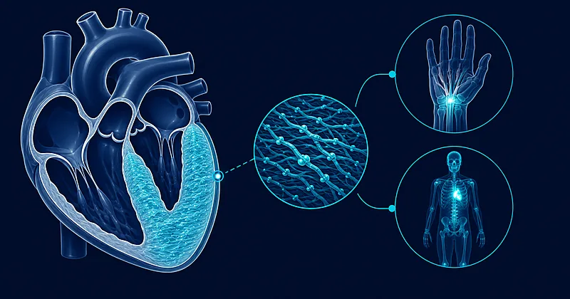 Illustration of ATTR cardiac amyloidosis showing transthyretin amyloid fibrils thickening the left ventricular wall