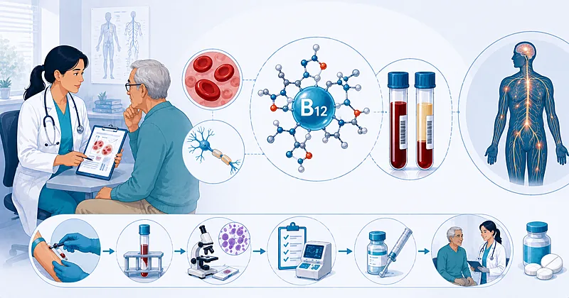 Diagnostic pathway for vitamin B12 deficiency showing serum cobalamin, active B12, and methylmalonic acid testing in adults
