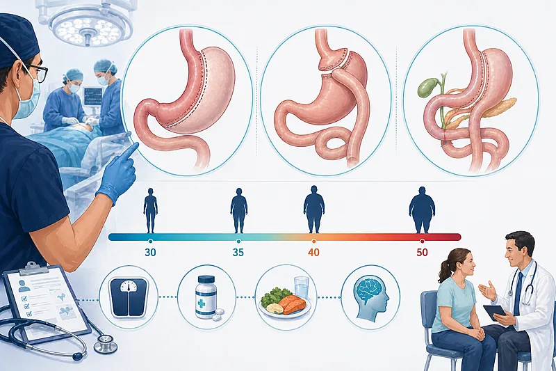 Overview of bariatric surgery patient selection and procedure choice showing BMI criteria, sleeve gastrectomy, Roux-en-Y gastric bypass, and SADI-S anatomy