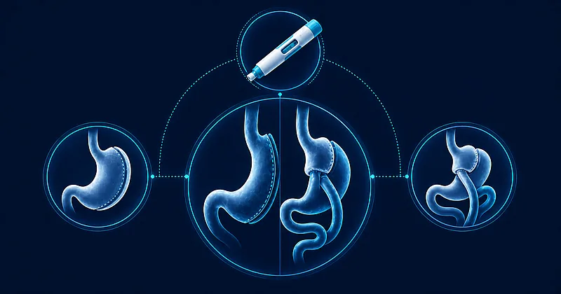 Bariatric surgery outcomes comparison illustration showing sleeve gastrectomy, RYGB, and GLP-1 pharmacotherapy approaches