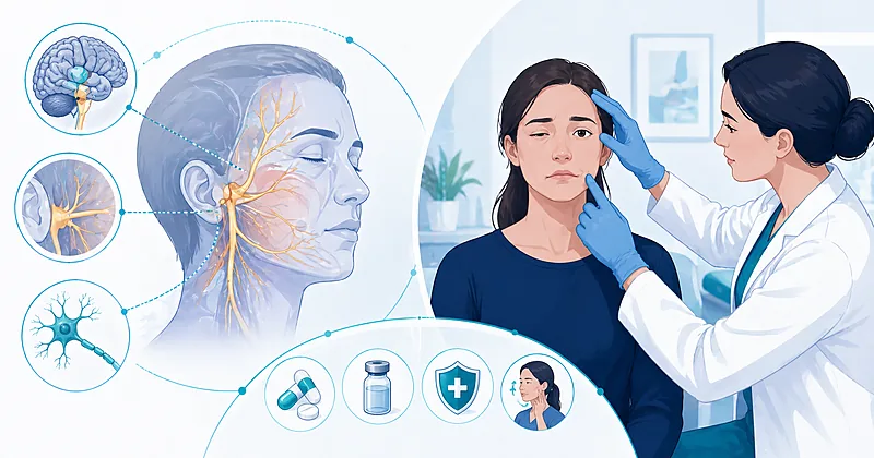 Clinical workflow for Bell's palsy treatment in adults showing diagnosis, steroid initiation, eye protection, and recovery monitoring