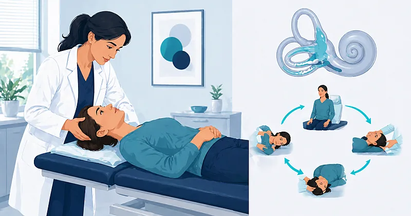 Office workflow for BPPV treatment in primary care showing Dix-Hallpike positioning, Epley repositioning maneuver steps, and red-flag screening
