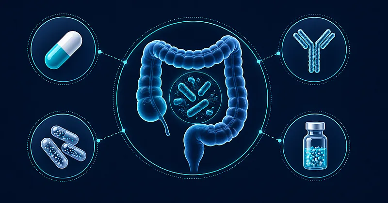 C difficile treatment workflow showing fidaxomicin first-line therapy bezlotoxumab adjunct FMT and live biotherapeutic decision points for clinicians