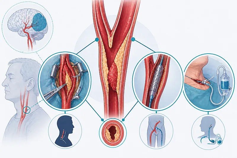 Clinical approach to carotid artery stenosis showing symptomatic versus asymptomatic pathways and CEA, CAS, or TCAR selection in adults