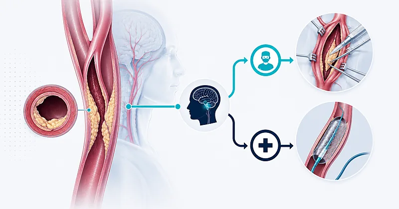 Clinical decision pathway for carotid stenosis management showing symptomatic versus asymptomatic thresholds and revascularization choices