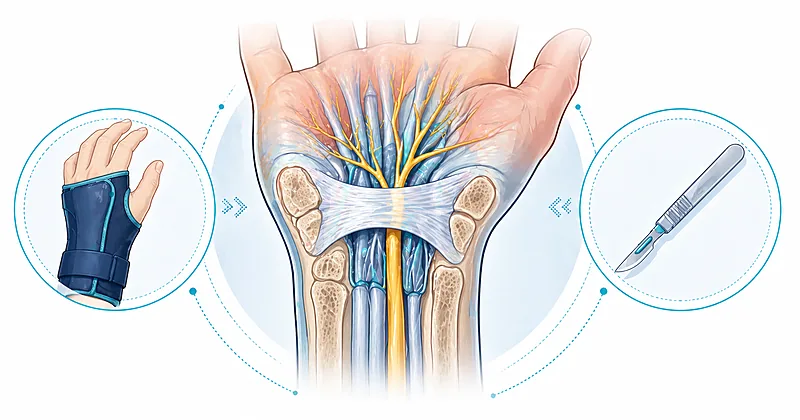Clinical decision pathway for carpal tunnel syndrome diagnosis and treatment showing clinical assessment, imaging, conservative options, and surgical release