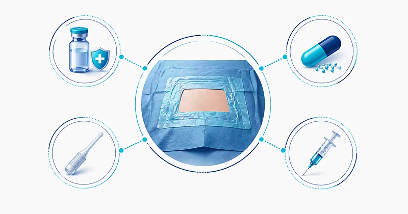 Cesarean infection prevention illustration showing antibiotic vial sterile drape and surgical preparation icons on clean clinical background