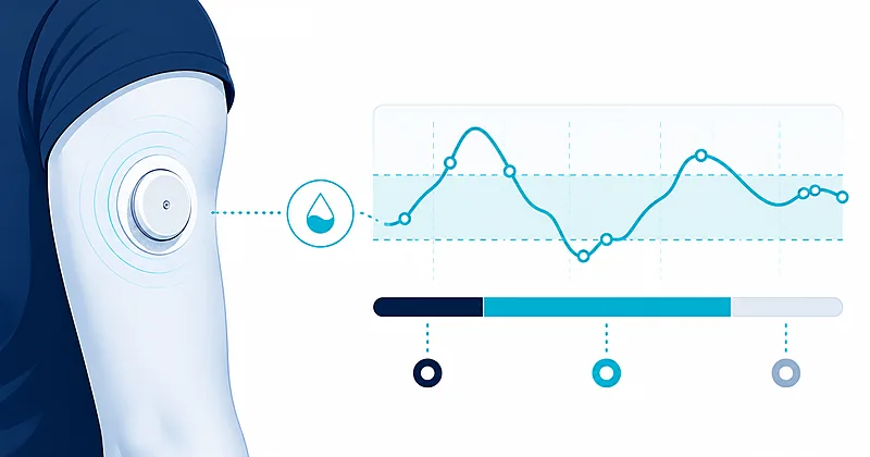 Continuous glucose monitor and glucose-trend graph illustrating CGM in type 2 diabetes for a non-insulin primary care patient