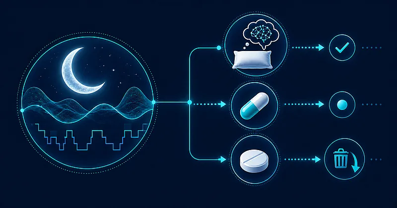Chronic insomnia treatment decision pathway illustration showing CBT-I as first-line therapy with pharmacologic options for non-responders