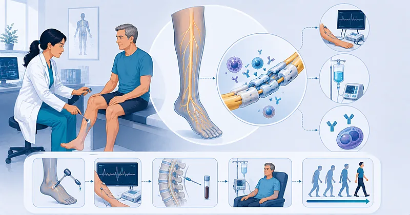 Clinical approach to CIDP diagnosis showing symmetric demyelinating neuropathy assessment and first-line immunotherapy selection in adults
