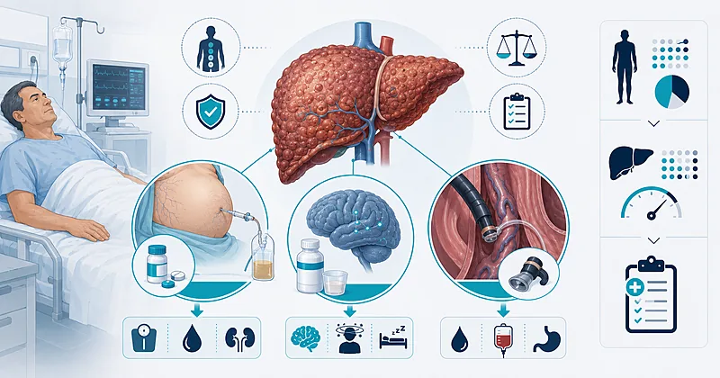 Clinical pathway for cirrhosis decompensation management showing ascites diuretics, lactulose for encephalopathy, and variceal banding