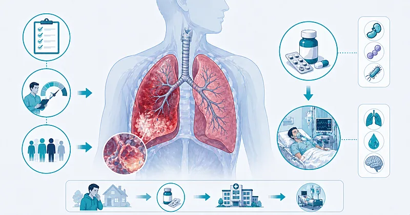 Clinical decision pathway for community acquired pneumonia showing severity triage, antibiotic selection by site of care, and duration of therapy