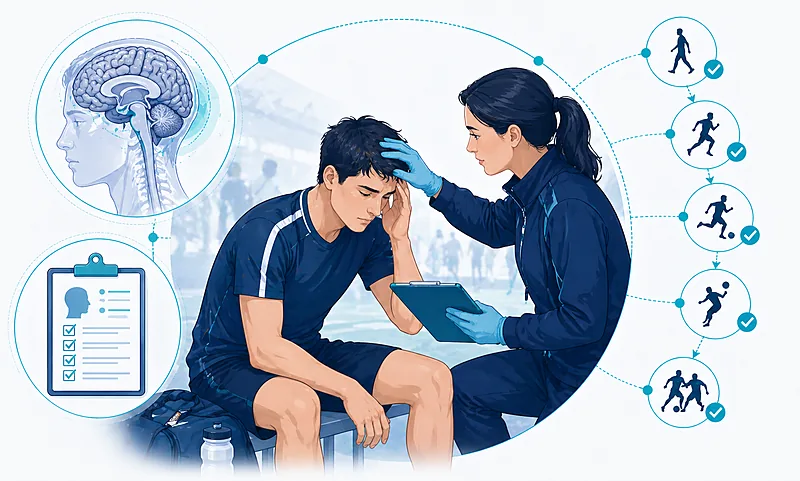 Stepwise concussion management pathway showing SCAT6 assessment, early sub-threshold exercise, and six-stage return-to-play progression