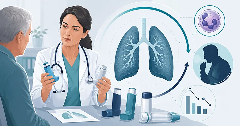 Primary care clinician reviewing COPD exacerbation management decisions including GOLD inhaler escalation and eosinophil-guided steroid choices