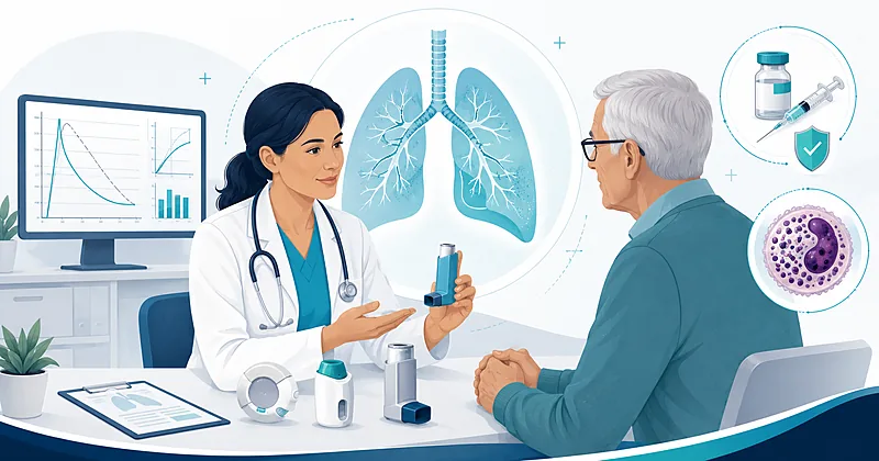 Clinical workflow for COPD management showing GOLD-based inhaler selection eosinophil-guided therapy and exacerbation prevention