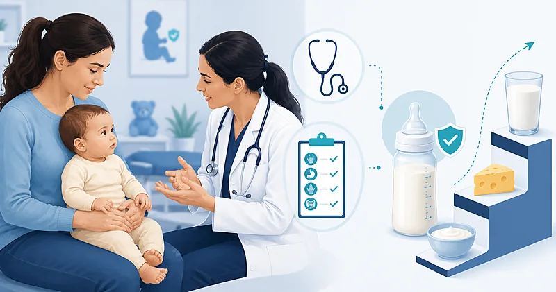 Clinical approach to cow's milk protein allergy in infants showing diagnosis, formula selection, and milk ladder reintroduction