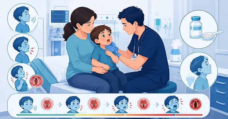 Croup severity scoring pathway in children showing Westley score categories and dexamethasone corticosteroid dosing decisions