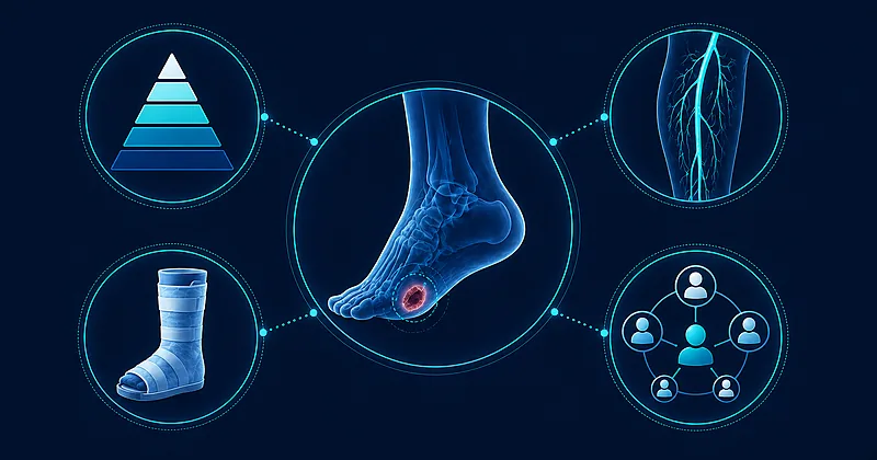 Diabetic foot ulcer management pathway showing classification, revascularization, offloading, and multidisciplinary limb-salvage components