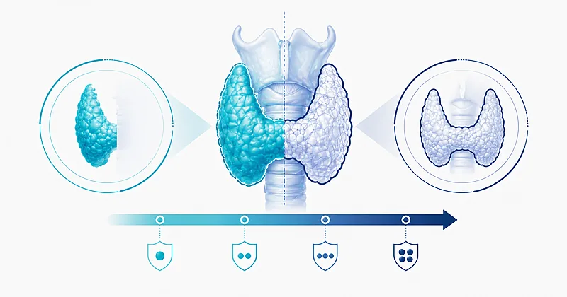 Differentiated thyroid cancer surgical extent diagram comparing total thyroidectomy and lobectomy approaches with risk stratification