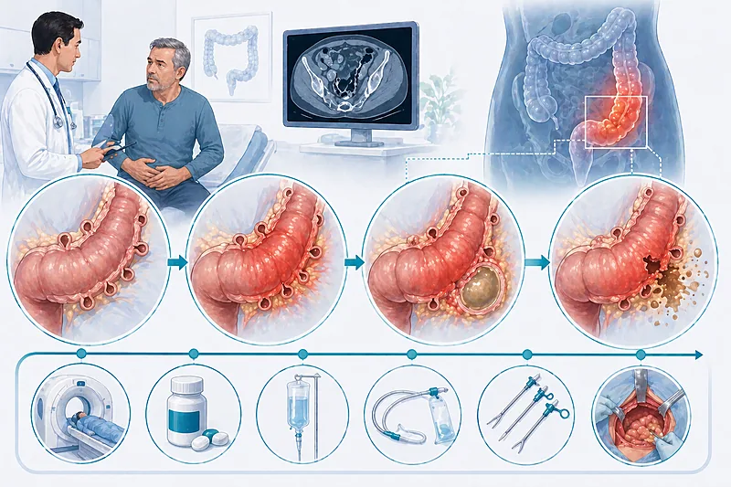 Clinical pathway for diverticulitis management in adults showing Hinchey classification, antibiotic choice, percutaneous drainage, and colectomy decisions