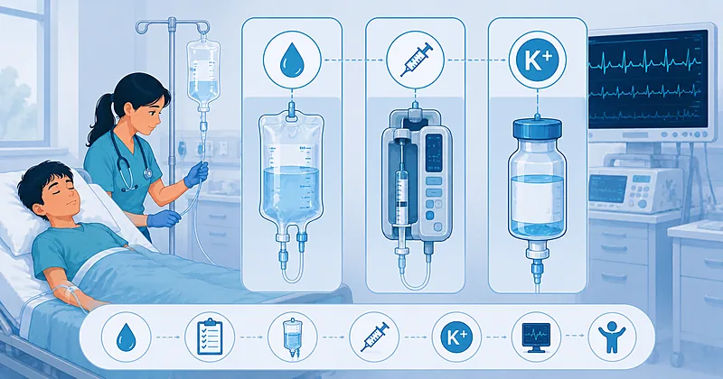 Protocol diagram for diabetic ketoacidosis management showing fluid resuscitation, fixed-rate insulin infusion, and potassium replacement