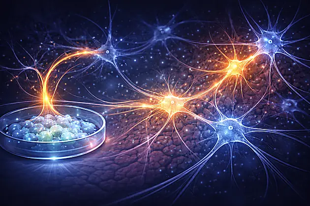 Conceptual illustration of dopamine stem cell therapy for Parkinson's disease showing neurons implanted into brain tissue