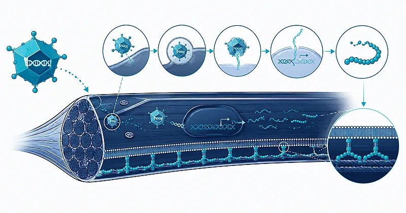 Duchenne gene therapy concept: an adeno-associated virus vector delivering a micro-dystrophin gene to a muscle fiber membrane.