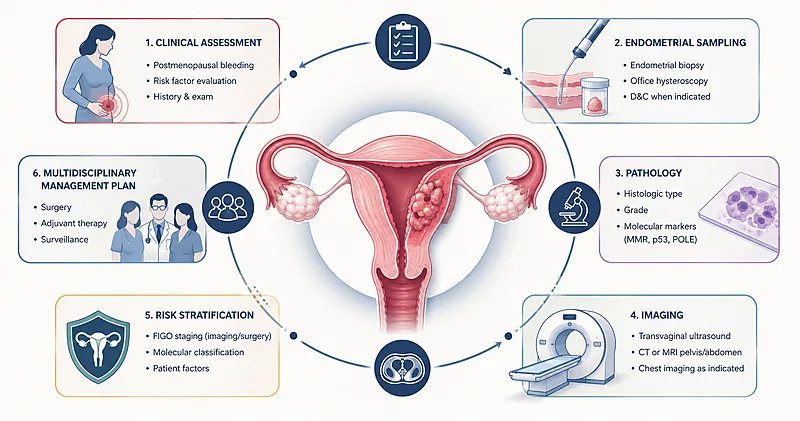 Diagnostic algorithm for endometrial cancer workup showing biopsy thresholds, staging MRI, and TCGA molecular classification in adults