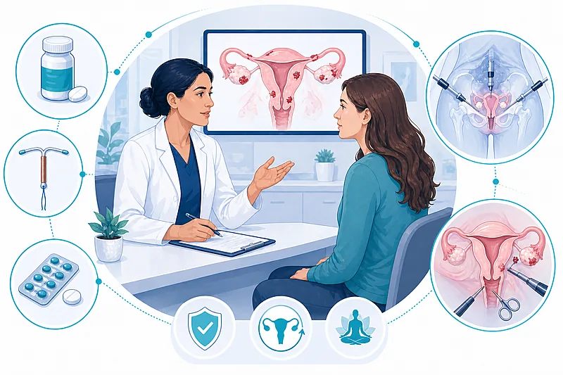 Clinical pathway for endometriosis treatment showing diagnosis, first-line medical therapy, second-line GnRH antagonists, and surgical options