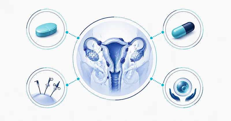 Endometriosis treatment options including GnRH antagonists, progestins, and surgical approaches illustrated in modern medical style