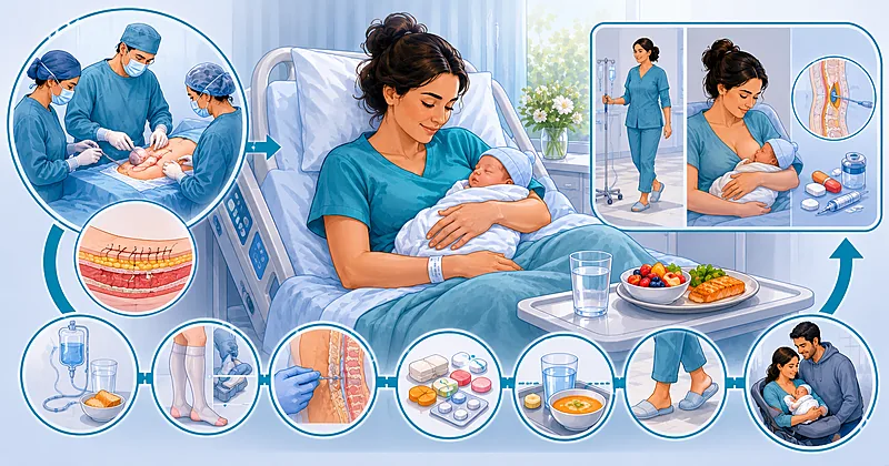Enhanced recovery after cesarean delivery pathway showing carbohydrate loading, multimodal analgesia, early mobilization, and discharge phases