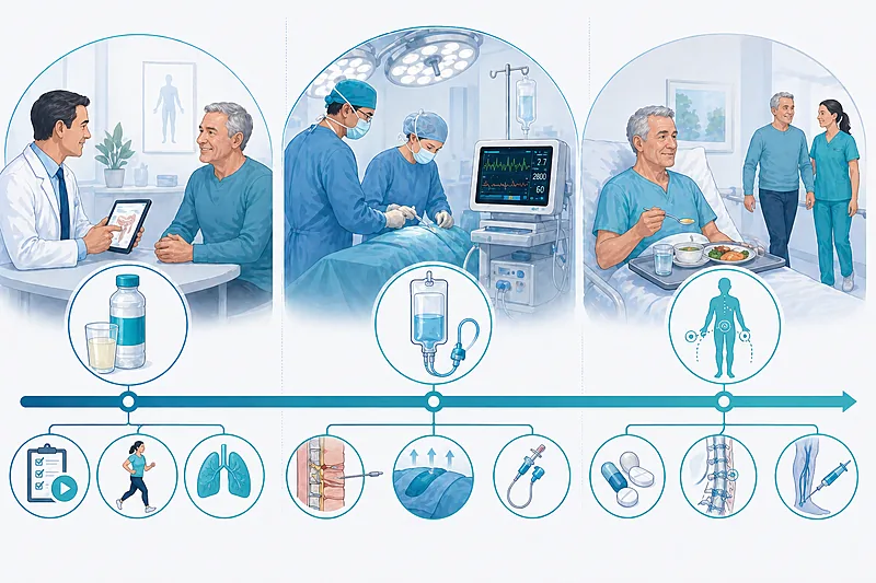 Overview of the ERAS protocol in adult surgery showing preoperative counselling, carb loading, intraoperative goal-directed fluids, and postoperative early feeding and mobilisation