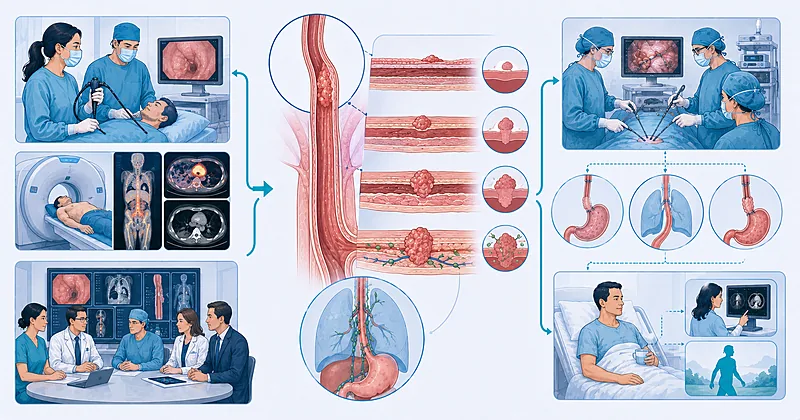 Esophageal cancer surgery staging pathway showing endoscopic ultrasound, PET-CT, tumor depth, and resection planning in adults