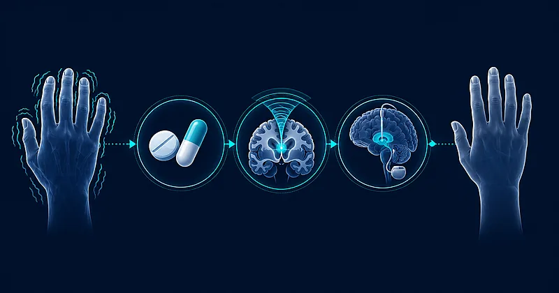 Essential tremor treatment evidence overview showing oral medications and MR-guided focused ultrasound thalamotomy options