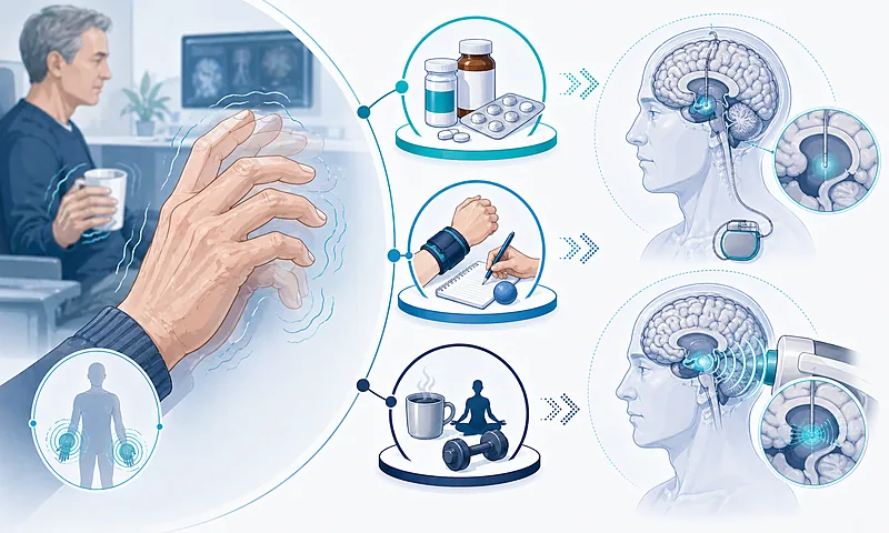 Clinical workflow for essential tremor treatment in adults showing diagnosis, first-line medication, and procedural options including DBS and focused ultrasound